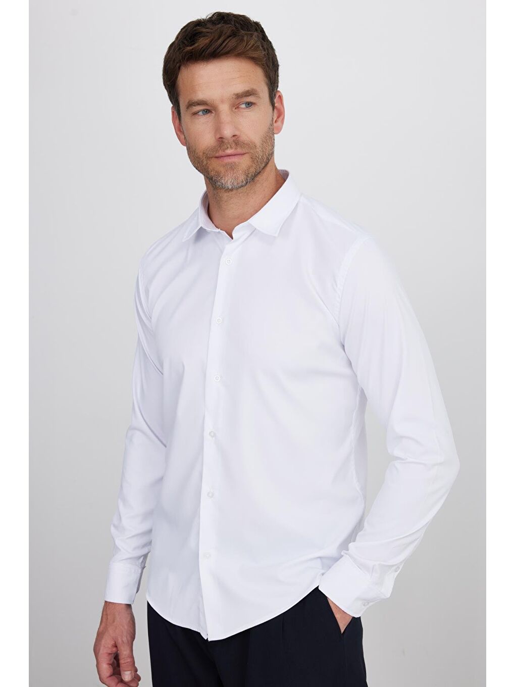 Slim Fit Uzun Kollu Elastanlı Düz Stretch Beyaz Erkek Gömlek-4