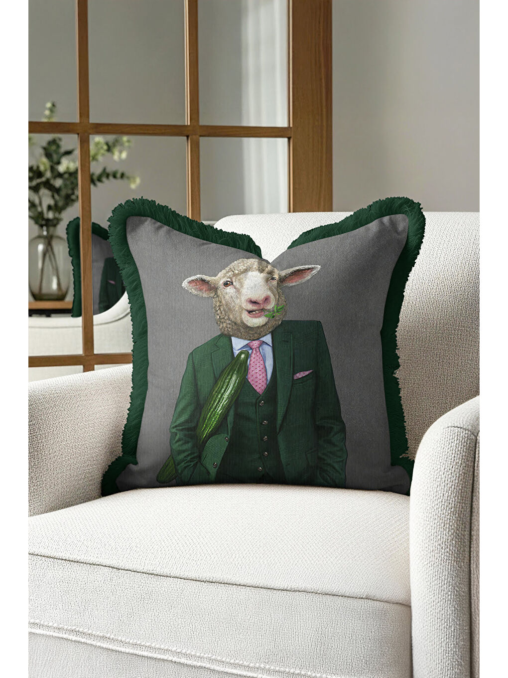 Karışık Avangart Yün Giyimli Koyun Saçaklı Yastık Kılıfı - Mizahi Modern Yeşil Gri Püsküllü Kırlent Kılıfı-2