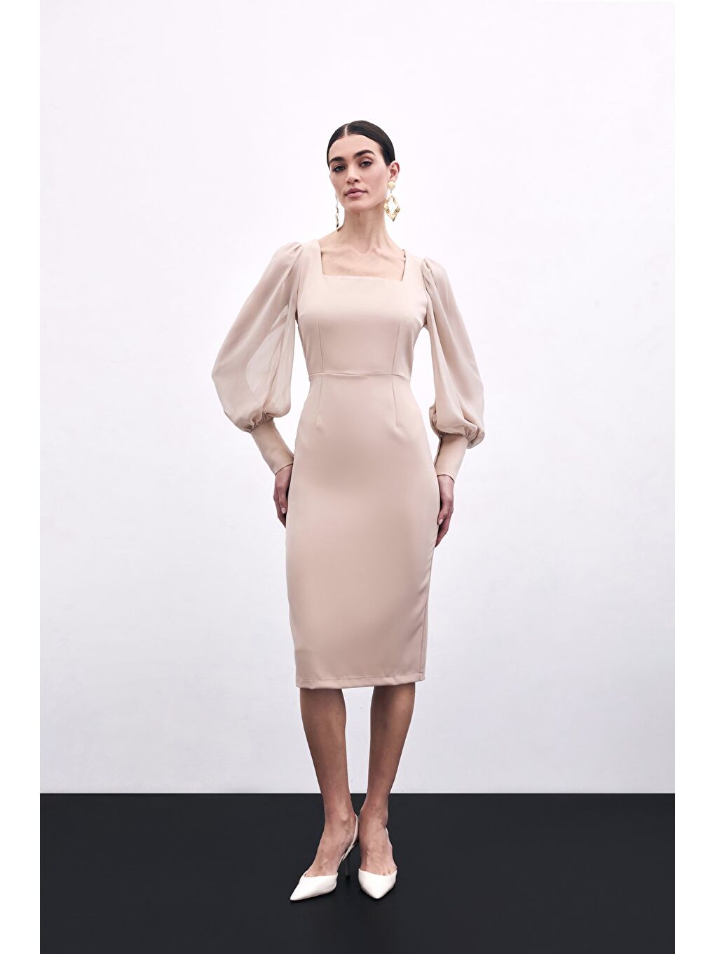 Şifon Kol Krep Elbise - Bej