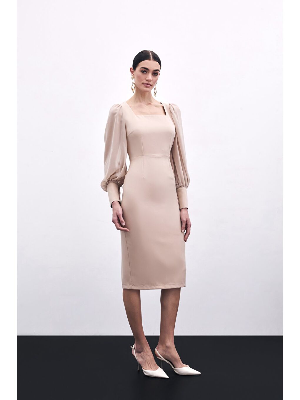 Şifon Kol Krep Elbise - Bej-1