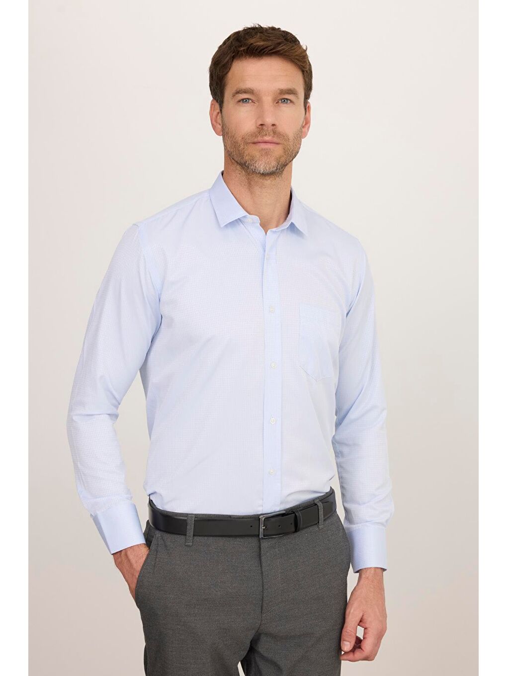 Erkek Regular Fit Klasik Kesim Pamuklu Kolay Ütü Armürlü Mavi Gömlek-3