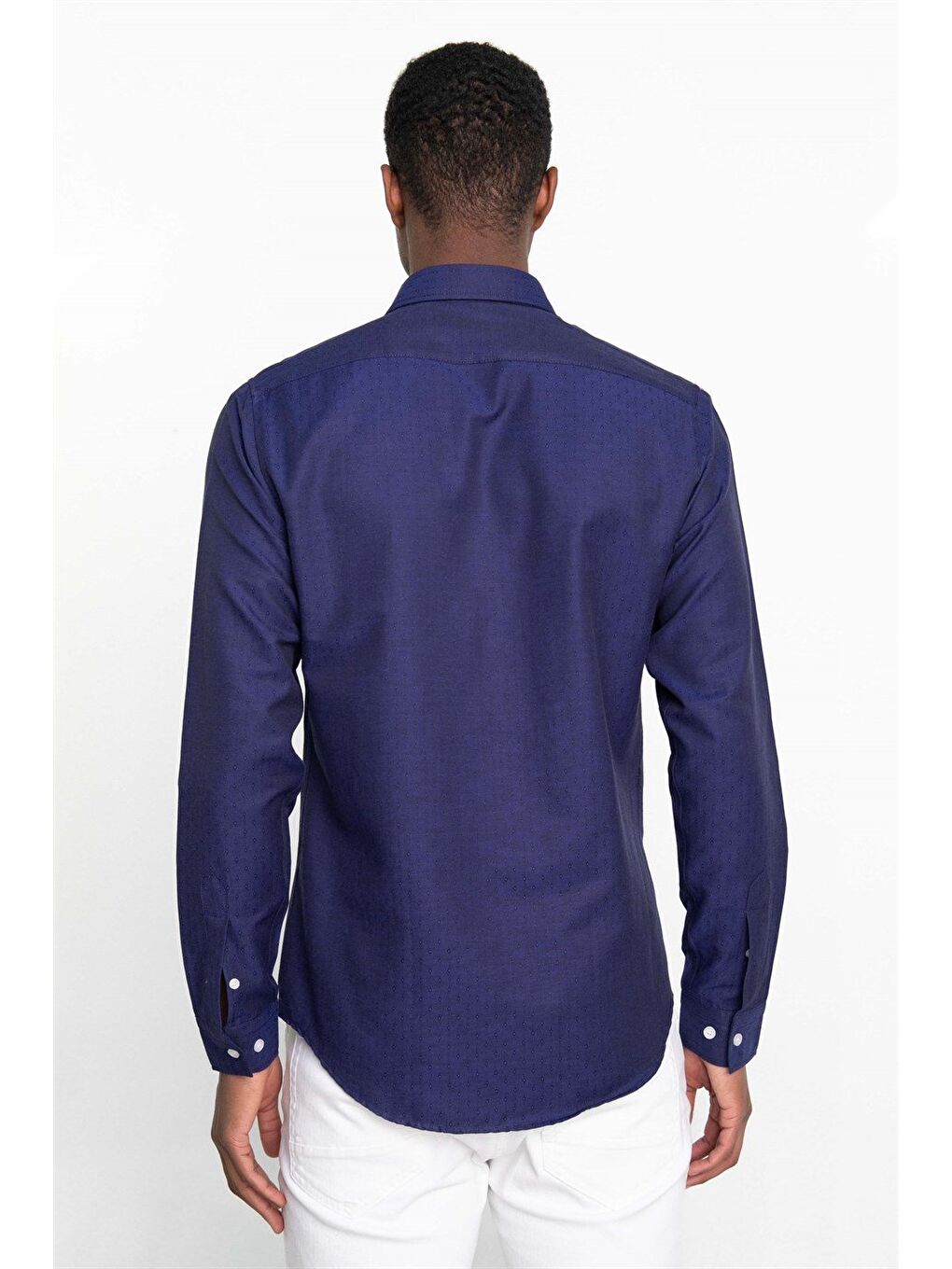 Slim Fit Uzun Kollu Oxford Doku Armürlü Biyeli Erkek Lacivert Gömlek-3
