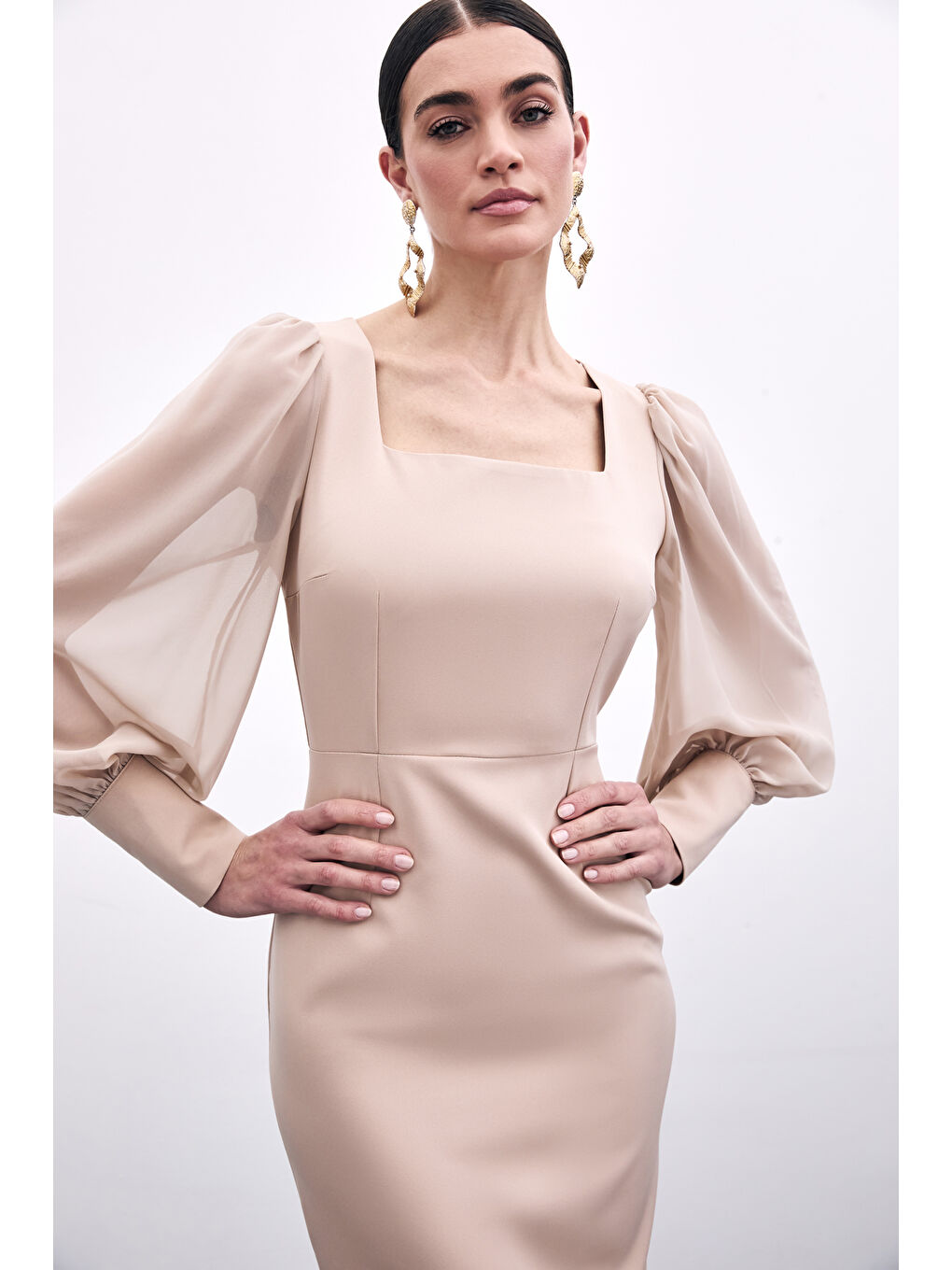 Şifon Kol Krep Elbise - Bej-2