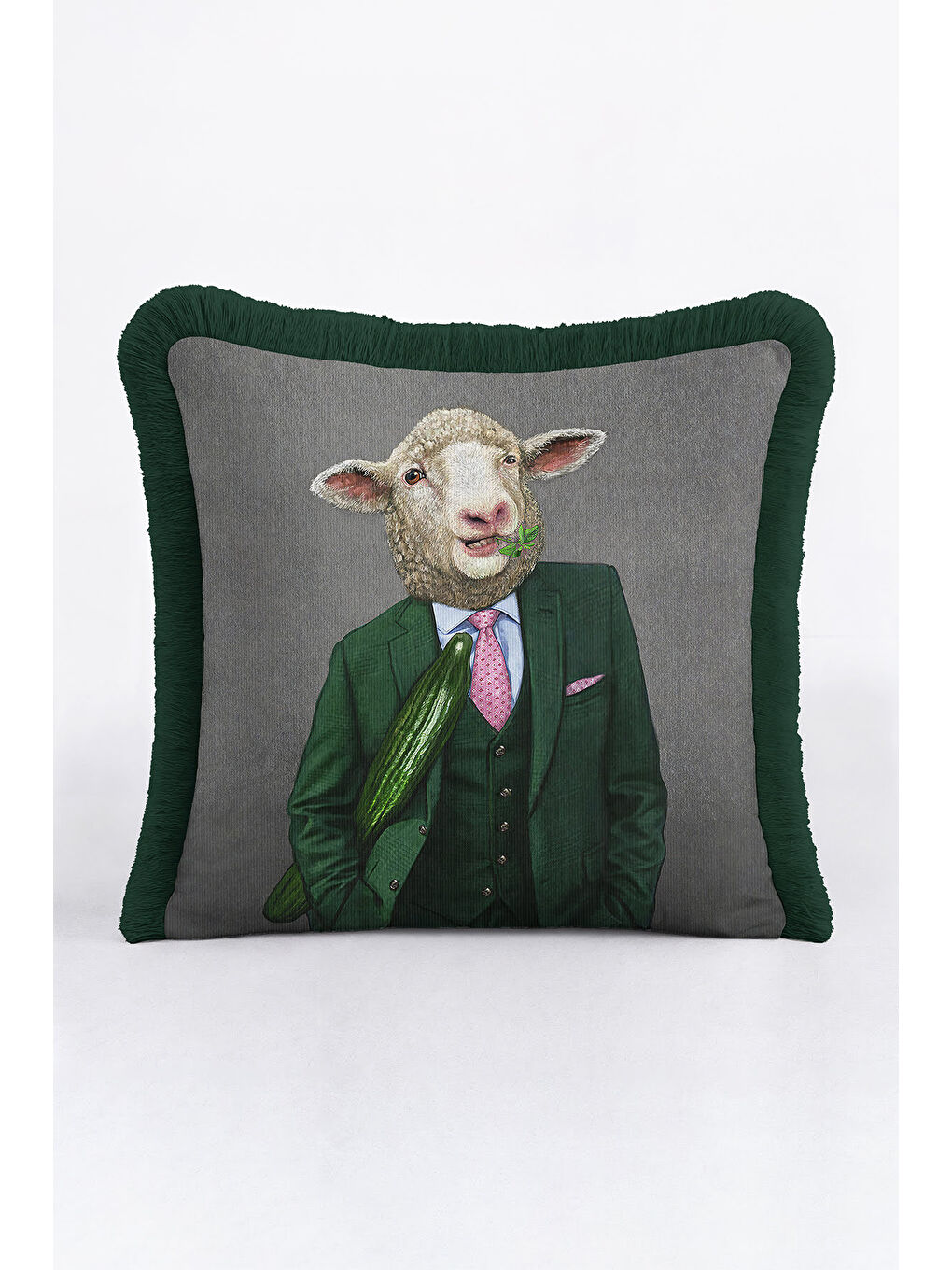 Karışık Avangart Yün Giyimli Koyun Saçaklı Yastık Kılıfı - Mizahi Modern Yeşil Gri Püsküllü Kırlent Kılıfı-3