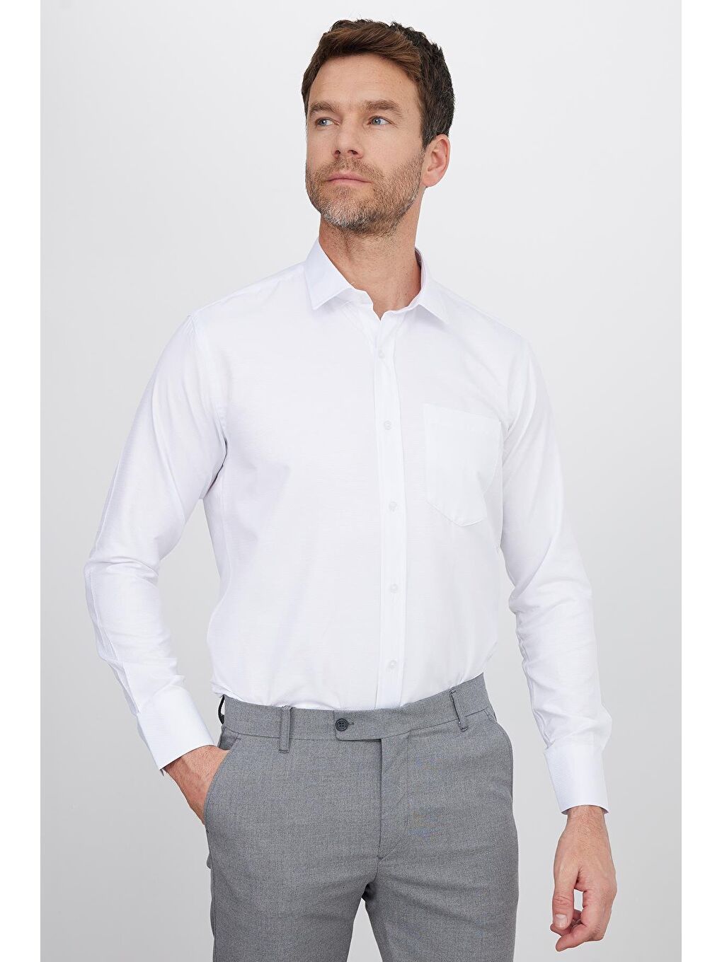 Erkek Regular Fit Klasik Kesim Pamuklu Kolay Ütü Armürlü Beyaz Gömlek-4