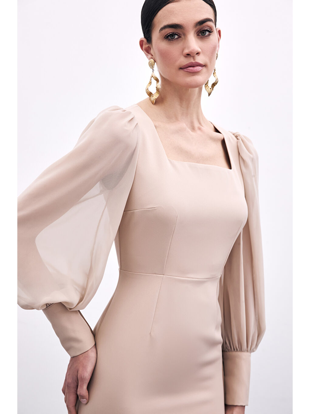 Şifon Kol Krep Elbise - Bej-3