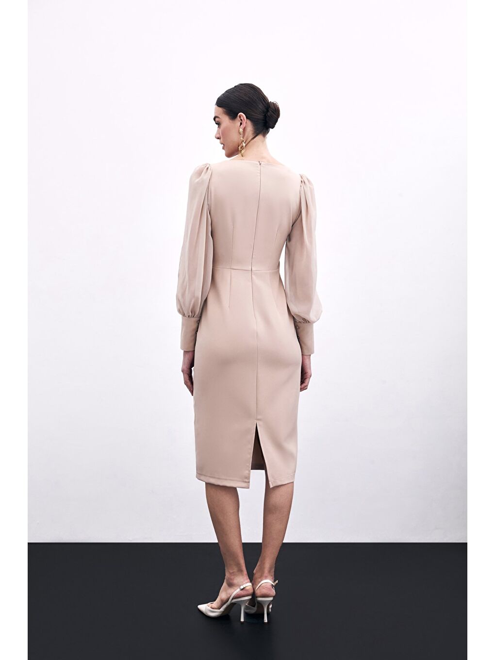 Şifon Kol Krep Elbise - Bej-4