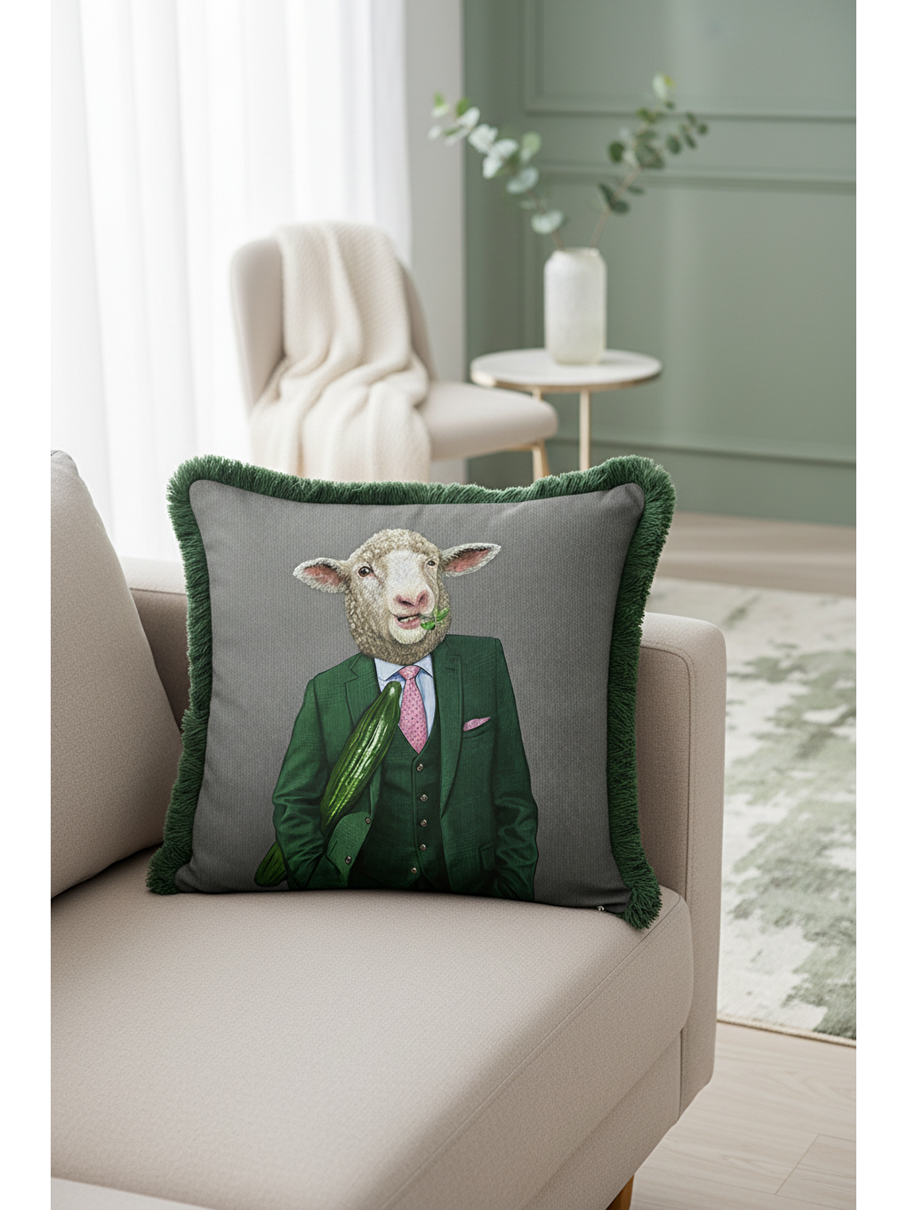 Karışık Avangart Yün Giyimli Koyun Saçaklı Yastık Kılıfı - Mizahi Modern Yeşil Gri Püsküllü Kırlent Kılıfı-4