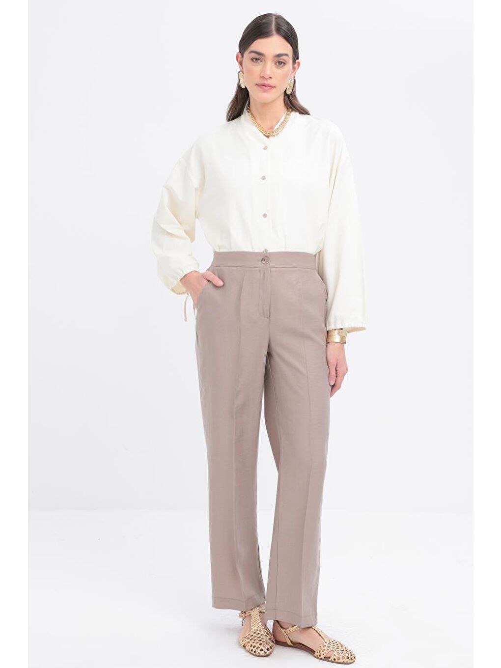 Bej Vizon-Cepli Boru Paça Pantolon