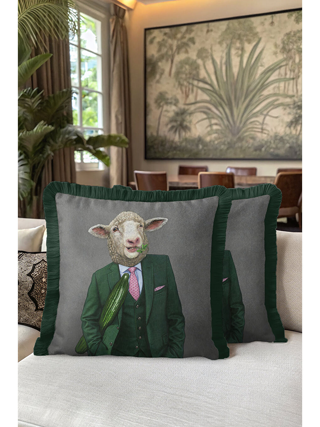 Karışık Avangart Yün Giyimli Koyun Saçaklı Yastık Kılıfı - Mizahi Modern Yeşil Gri Püsküllü Kırlent Kılıfı-5