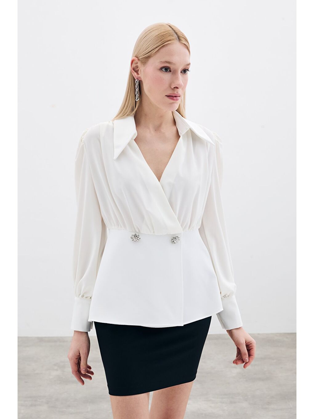 Gömlek Yakalı Bluz - Ekru-1