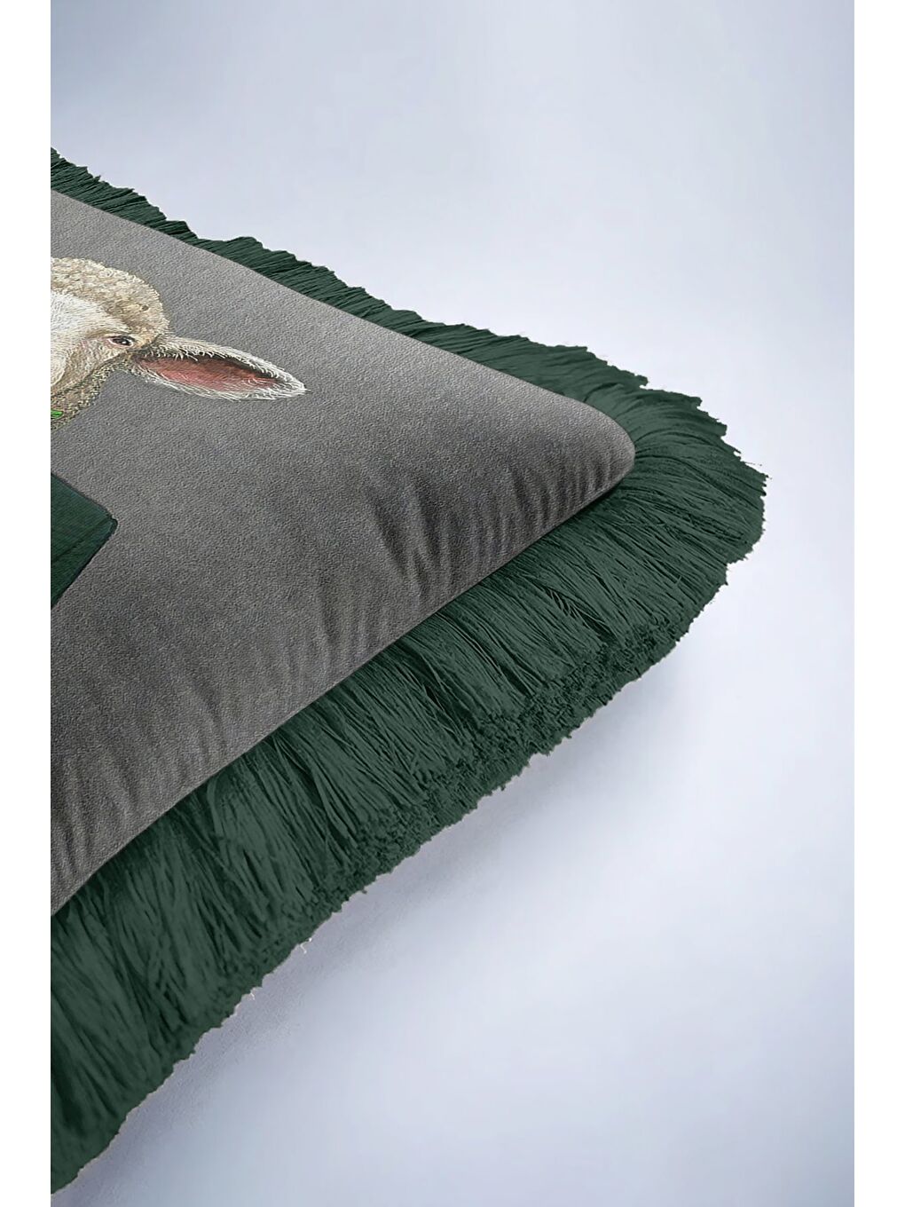 Karışık Avangart Yün Giyimli Koyun Saçaklı Yastık Kılıfı - Mizahi Modern Yeşil Gri Püsküllü Kırlent Kılıfı-6