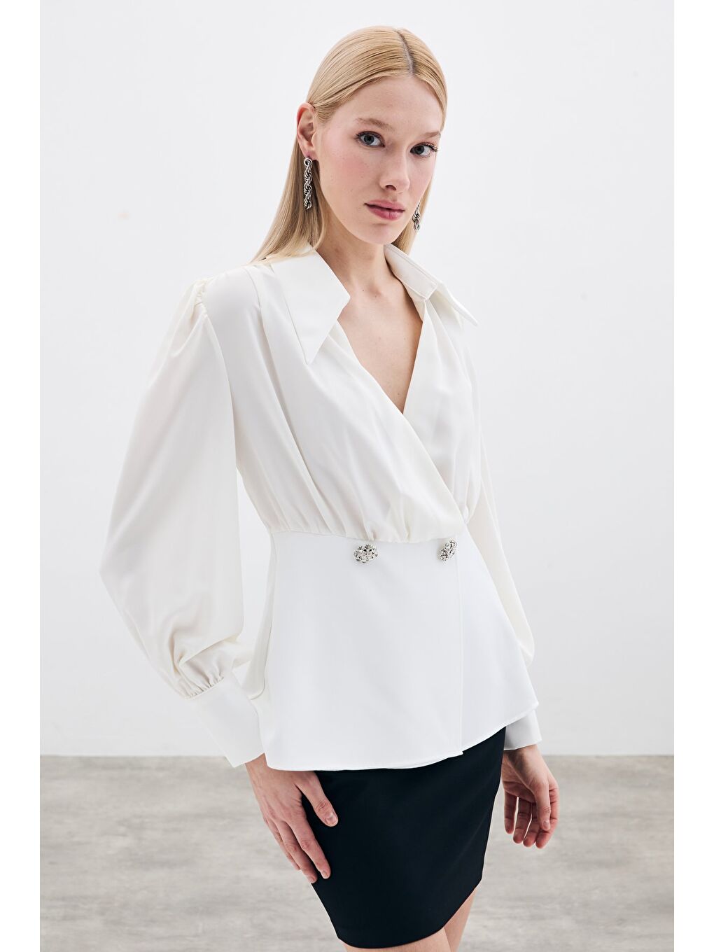 Gömlek Yakalı Bluz - Ekru-2