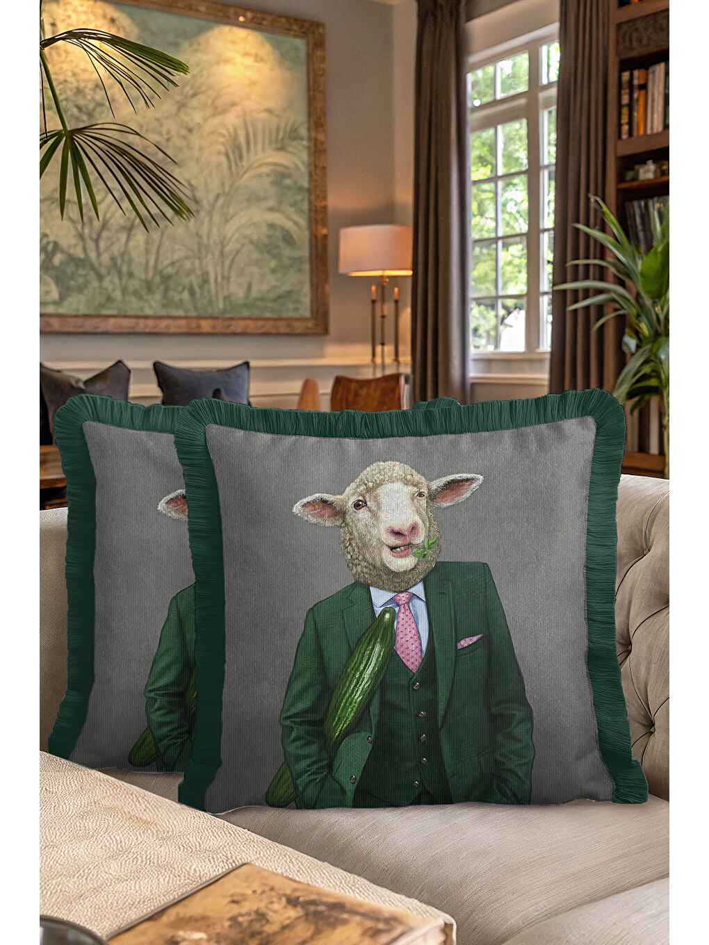 Karışık Avangart Yün Giyimli Koyun Saçaklı Yastık Kılıfı - Mizahi Modern Yeşil Gri Püsküllü Kırlent Kılıfı-7