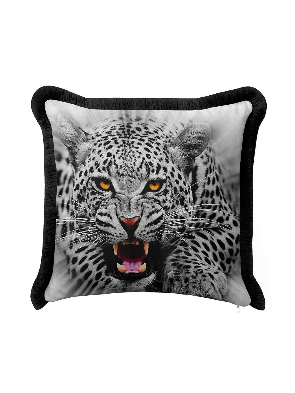 Karışık Vahşi Leopar Figürlü Saçaklı Yastık Kılıfı - Safari Temalı Modern Siyah Püsküllü Kırlent Kılıfı