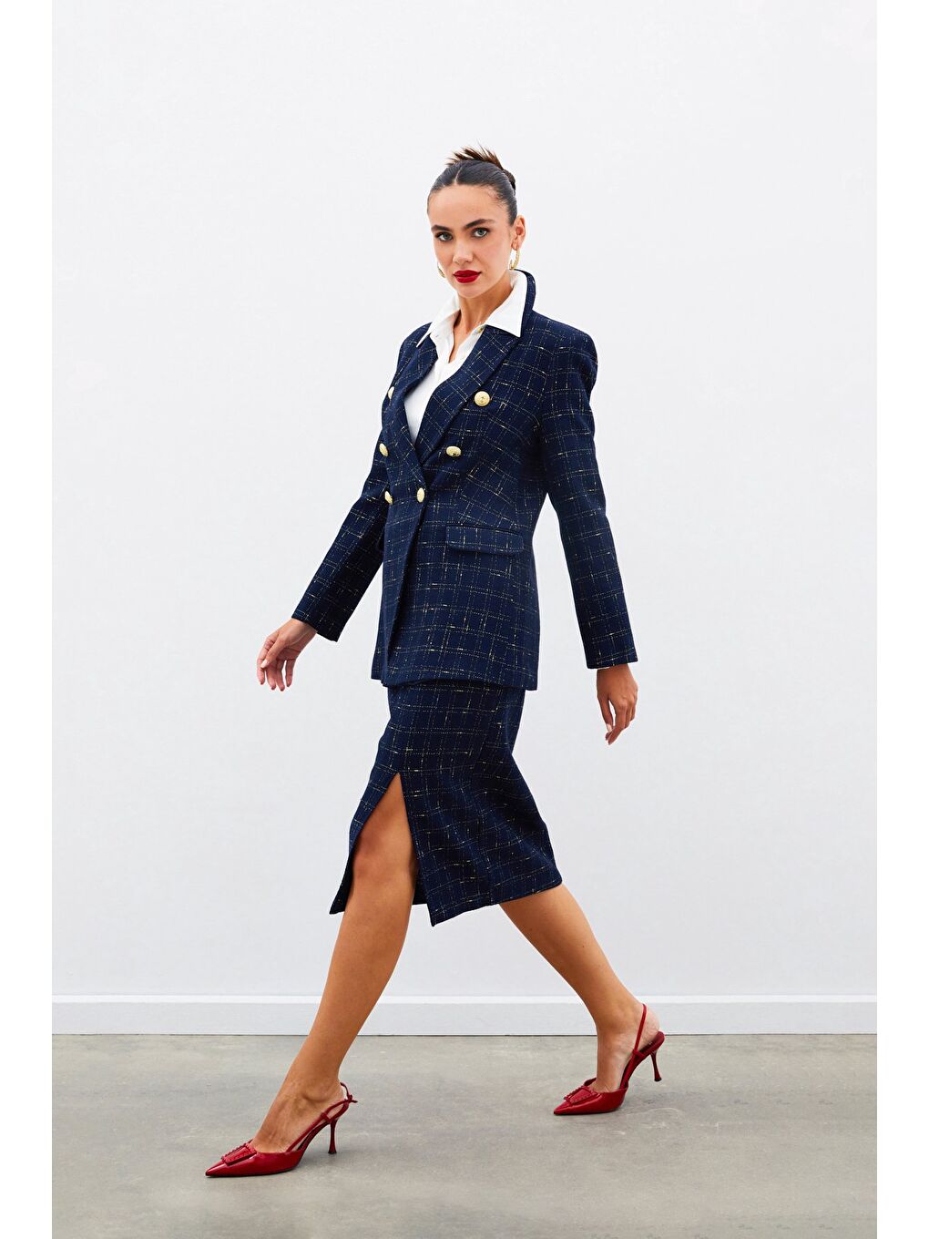 Simli Midi Boy Tüvit Etek - Lacivert-1