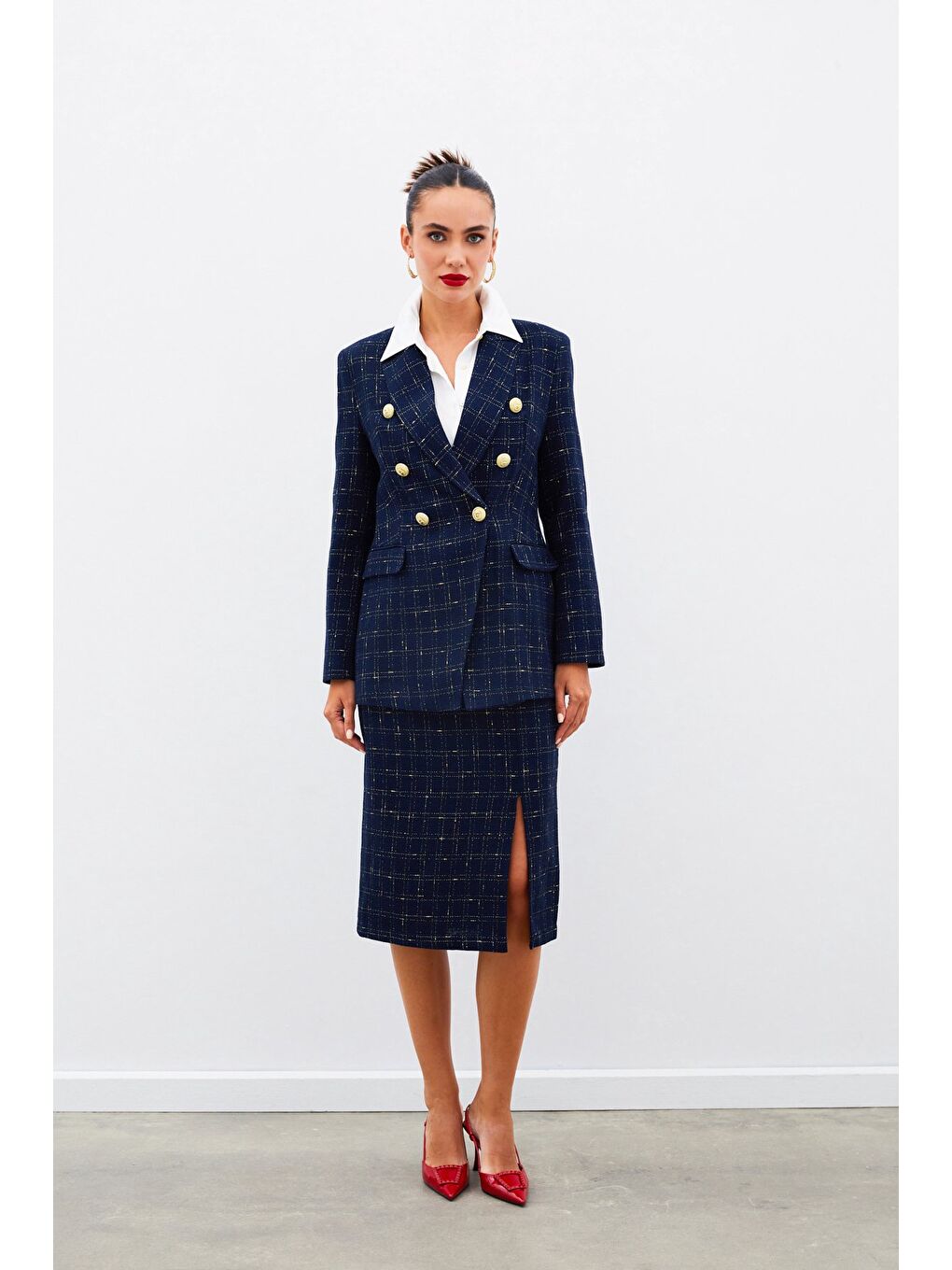 Simli Midi Boy Tüvit Etek - Lacivert-2