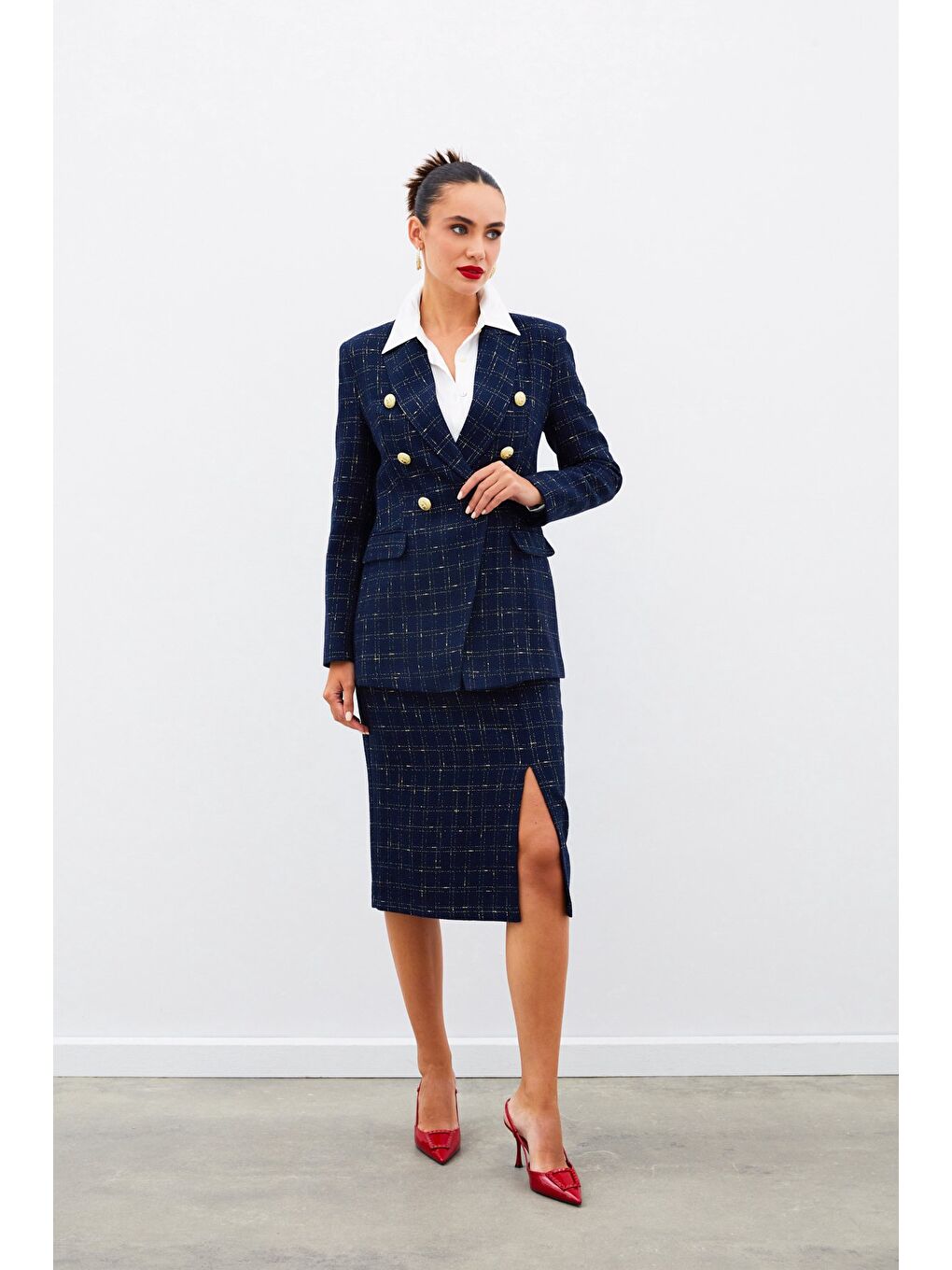 Simli Midi Boy Tüvit Etek - Lacivert-3