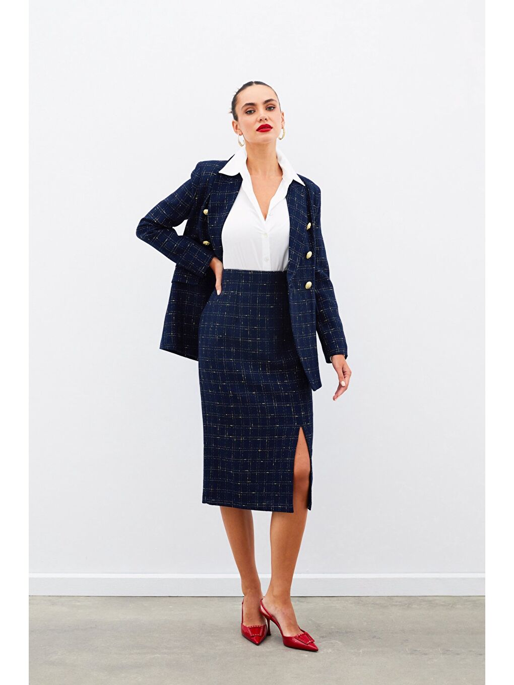 Simli Midi Boy Tüvit Etek - Lacivert-4