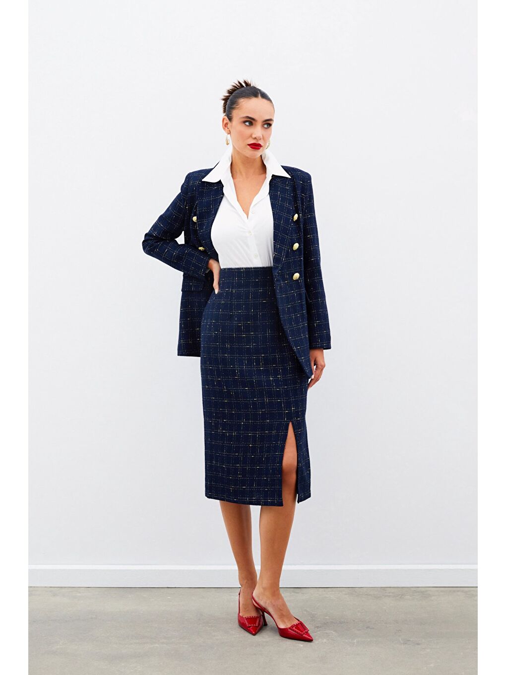 Simli Midi Boy Tüvit Etek - Lacivert-5