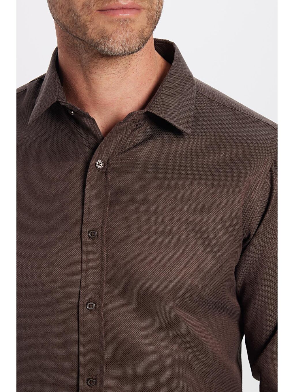 Kahverengi Modern Slim Fit Uzun Kollu Pamuklu Kolay Ütü Armürlü Erkek Kahve Gömlek-3