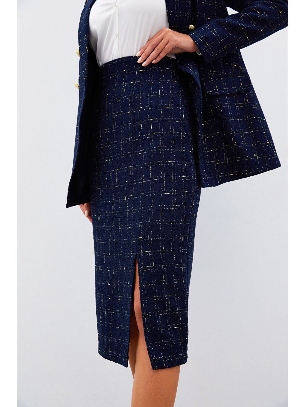 Simli Midi Boy Tüvit Etek - Lacivert-6