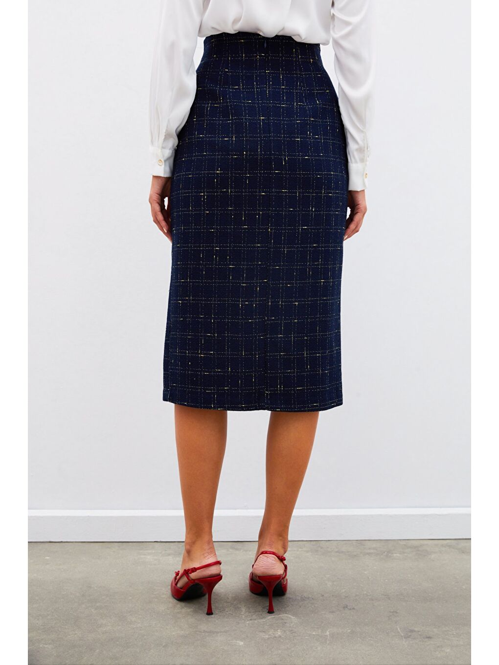 Simli Midi Boy Tüvit Etek - Lacivert-7