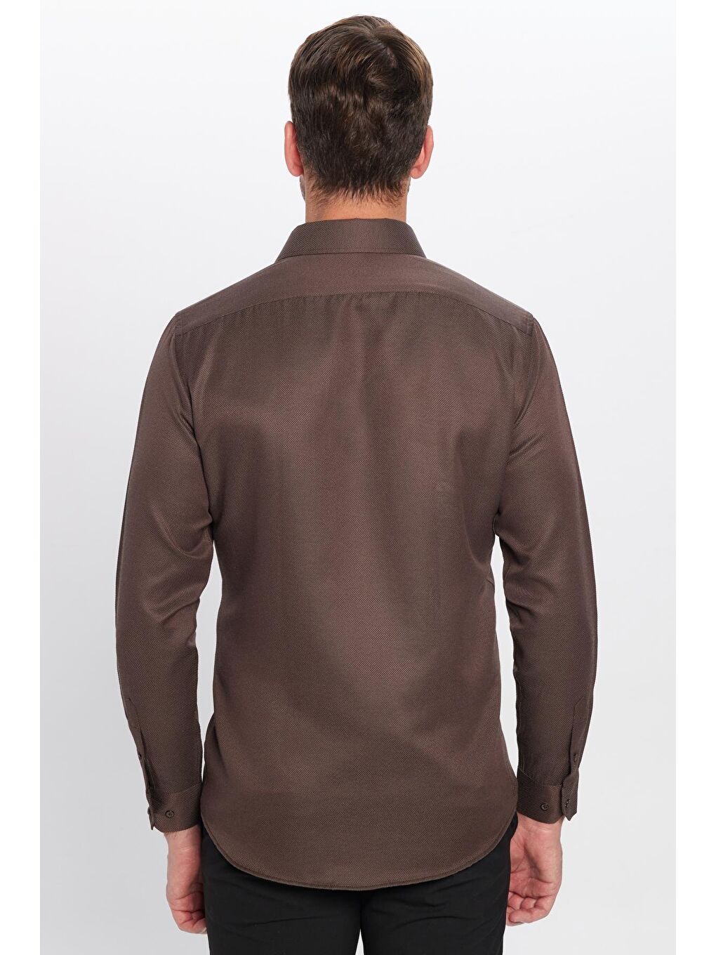 Kahverengi Modern Slim Fit Uzun Kollu Pamuklu Kolay Ütü Armürlü Erkek Kahve Gömlek-4