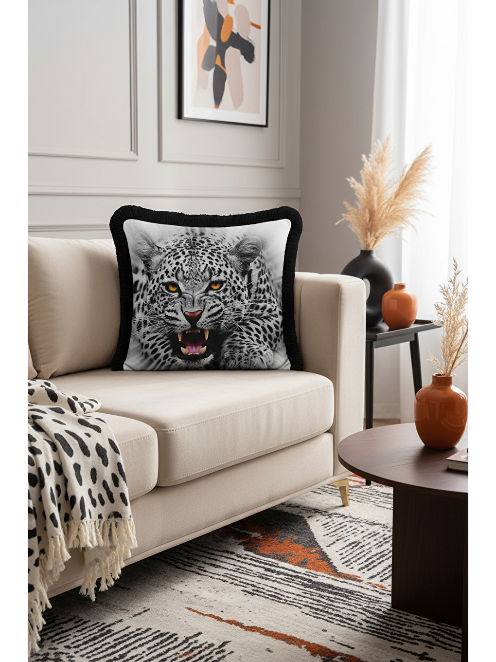 Karışık Vahşi Leopar Figürlü Saçaklı Yastık Kılıfı - Safari Temalı Modern Siyah Püsküllü Kırlent Kılıfı-4