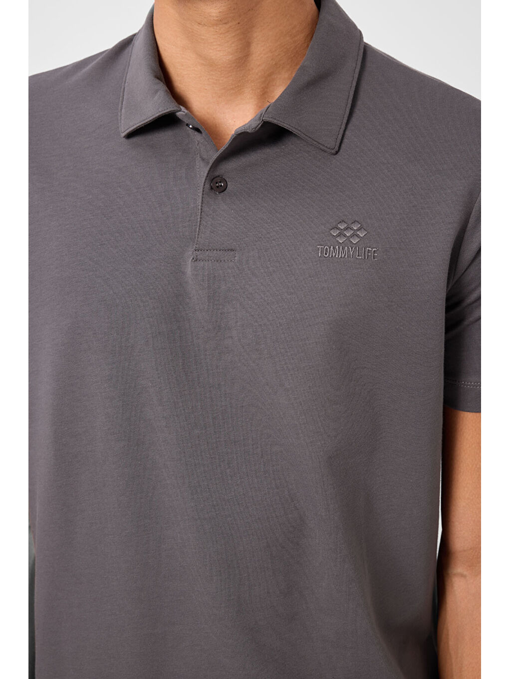 Koyu Gri Basic Logolu Standart Kalıp Triko Polo Yaka Erkek Tişört - 87748-2