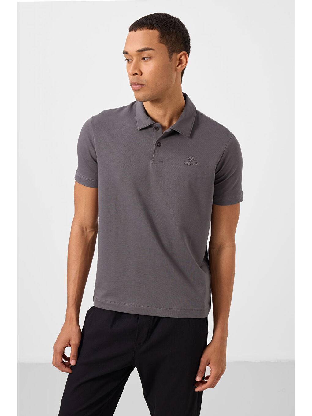 Koyu Gri Basic Logolu Standart Kalıp Triko Polo Yaka Erkek Tişört - 87748-3