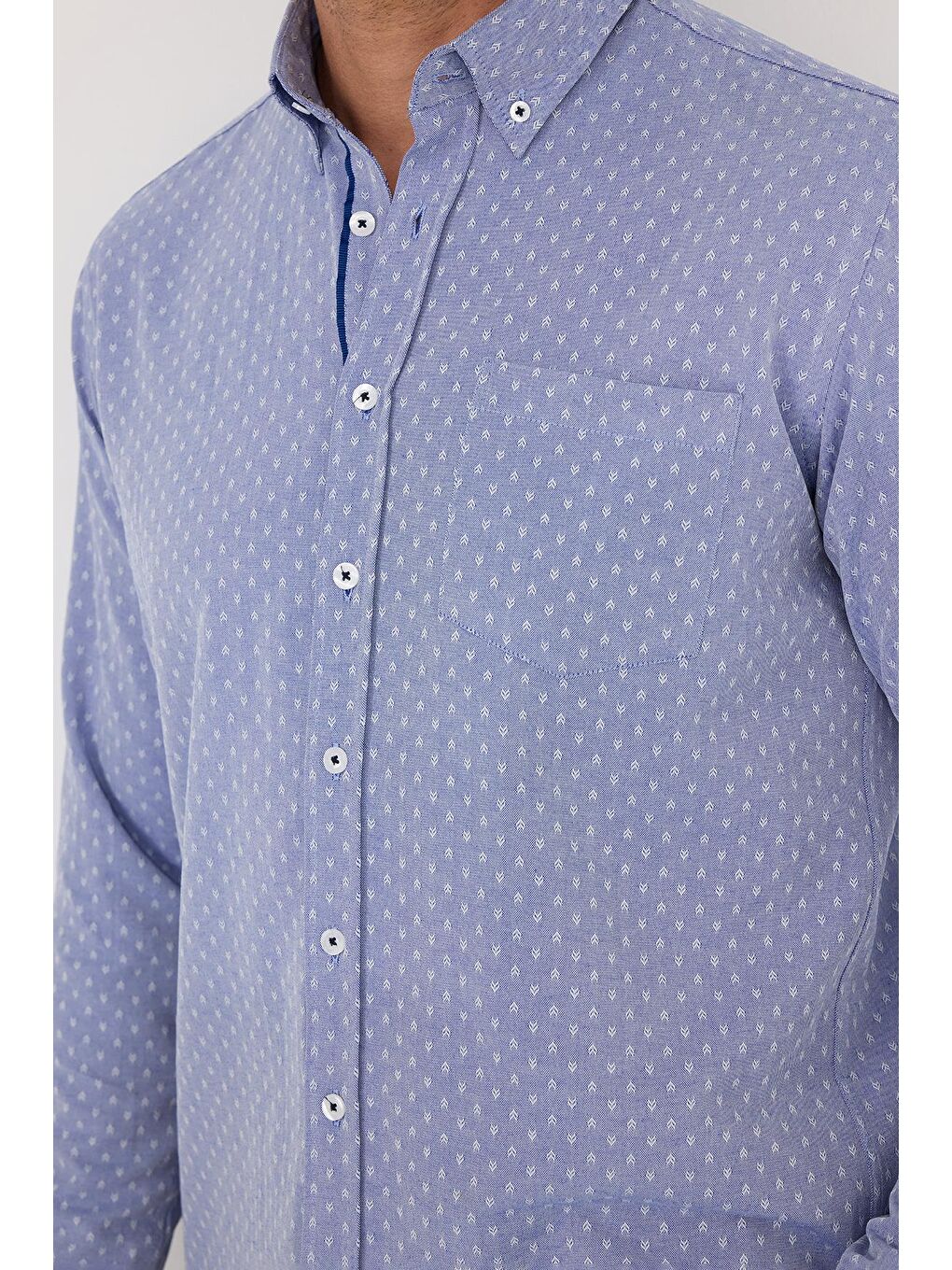 Erkek Regular Fit Klasik Kesim Pamuklu Kolay Ütü Armürlü Mavi Düğmeli Yaka Gömlek-2