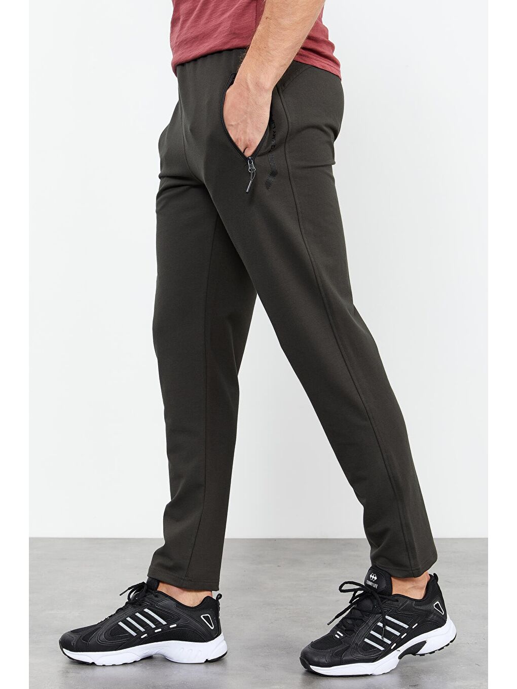 Haki Fermuar Cepli Yazı Detaylı Standart Kalıp Klasik Paça Erkek Eşofman Alt - 84744-3