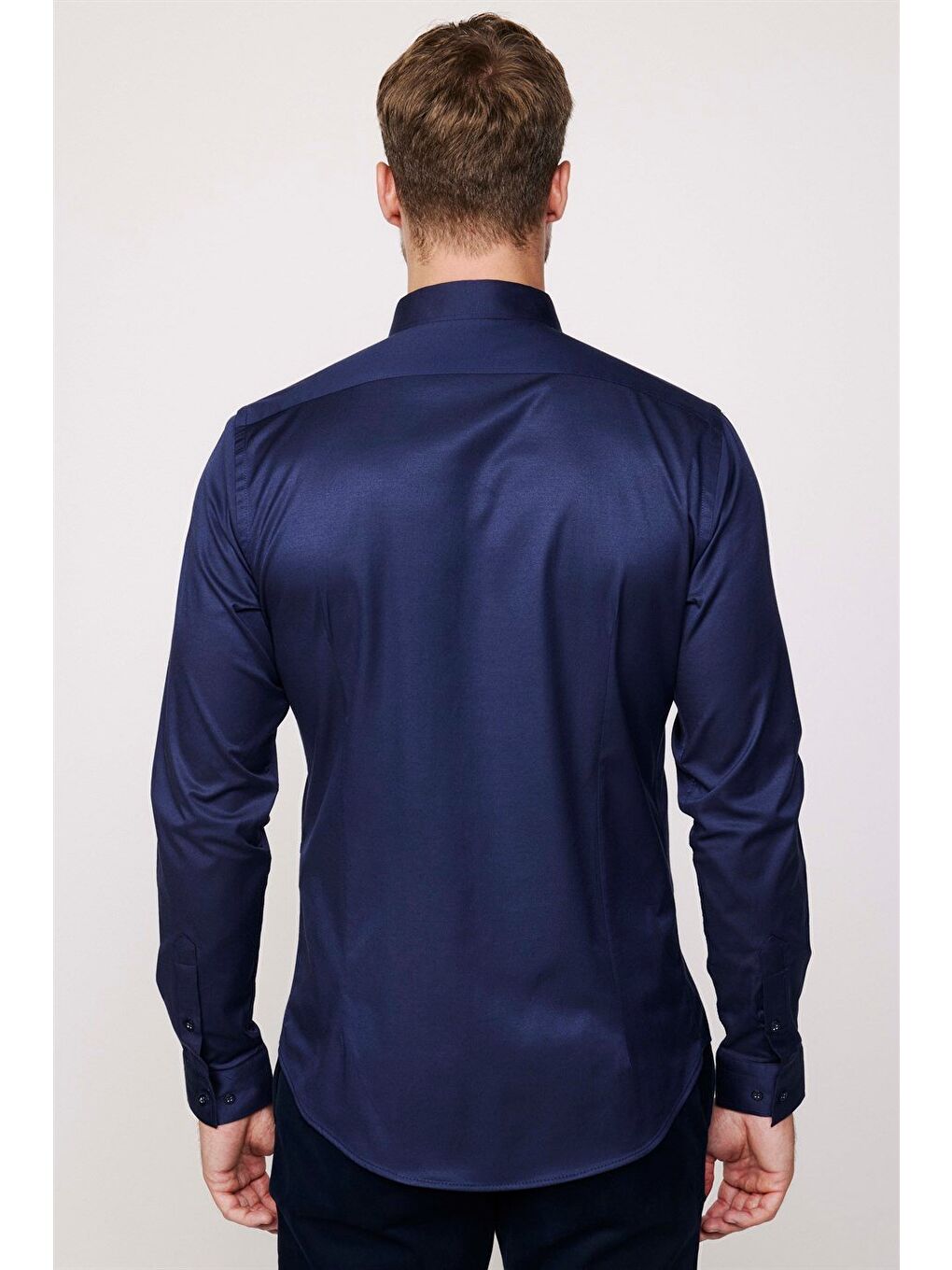 Slim Fit Elastanlı Düz Pamuk Saten Erkek Lacivert Gömlek-2