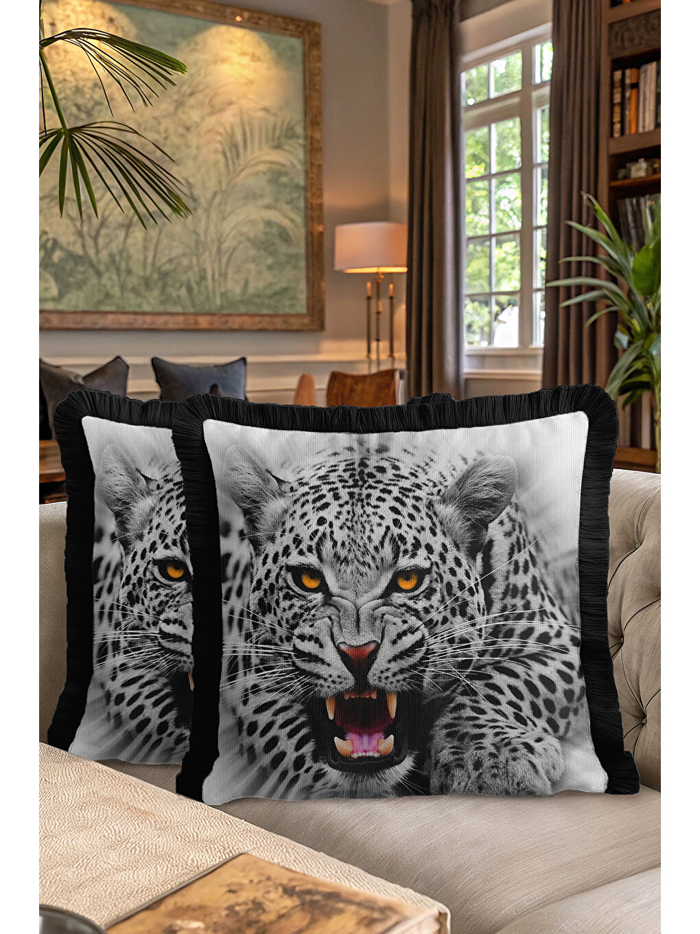 Karışık Vahşi Leopar Figürlü Saçaklı Yastık Kılıfı - Safari Temalı Modern Siyah Püsküllü Kırlent Kılıfı-7