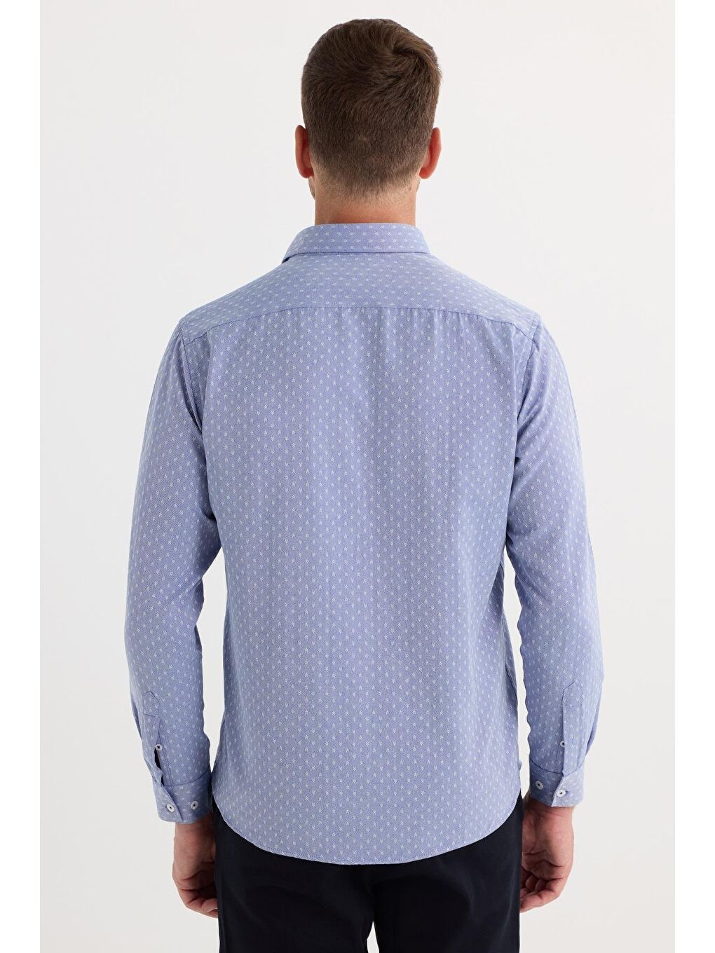 Erkek Regular Fit Klasik Kesim Pamuklu Kolay Ütü Armürlü Mavi Düğmeli Yaka Gömlek-6
