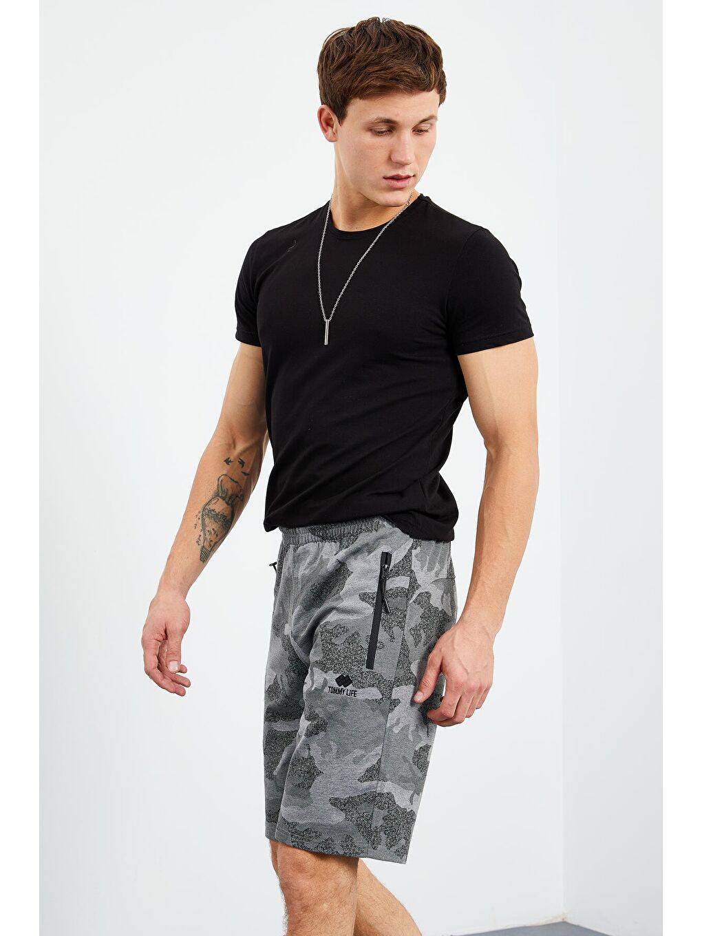 Gri Melanj Kamuflaj Desenli Standart Kalıp Erkek Şort - 81157