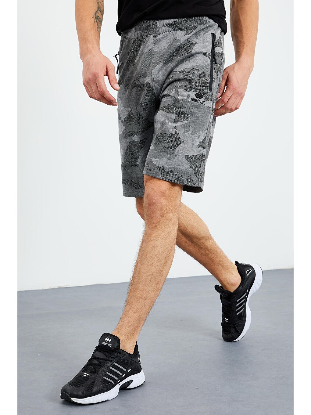 Gri Melanj Kamuflaj Desenli Standart Kalıp Erkek Şort - 81157-1