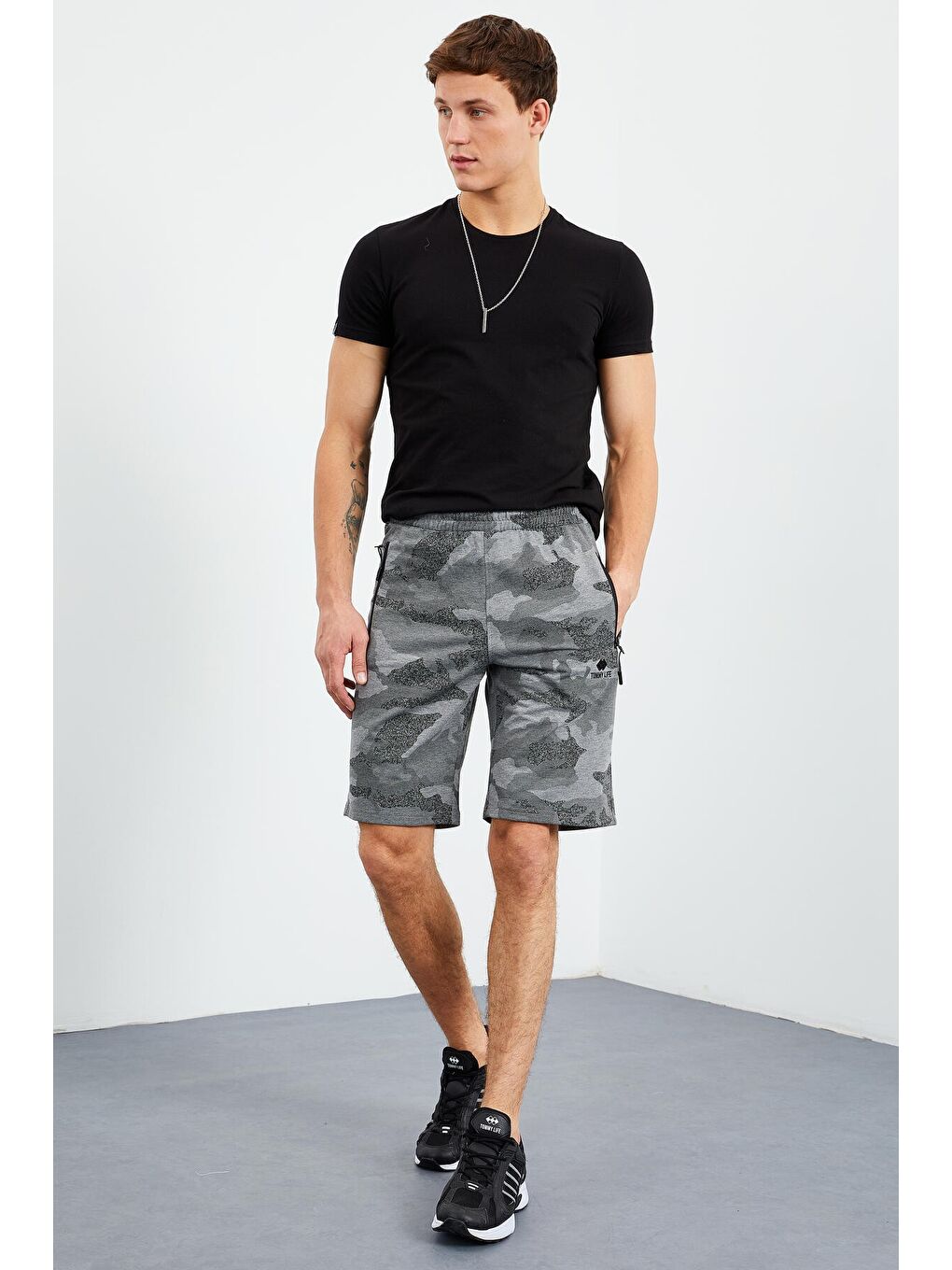 Gri Melanj Kamuflaj Desenli Standart Kalıp Erkek Şort - 81157-2