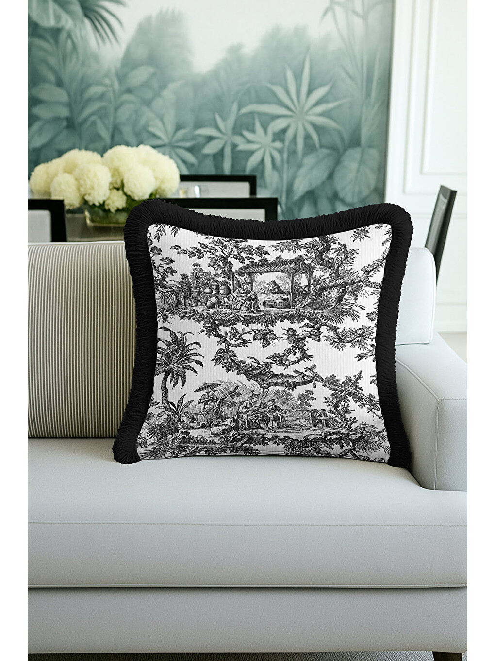 Karışık Toile Illustration Saçaklı Yastık Kılıfı - Fransız Vintage Country Siyah Püsküllü Kırlent Kılıfı-1