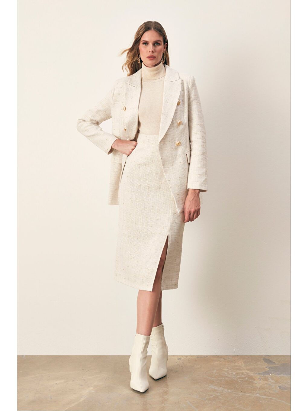 Simli Midi Boy Tüvit Etek - Ekru