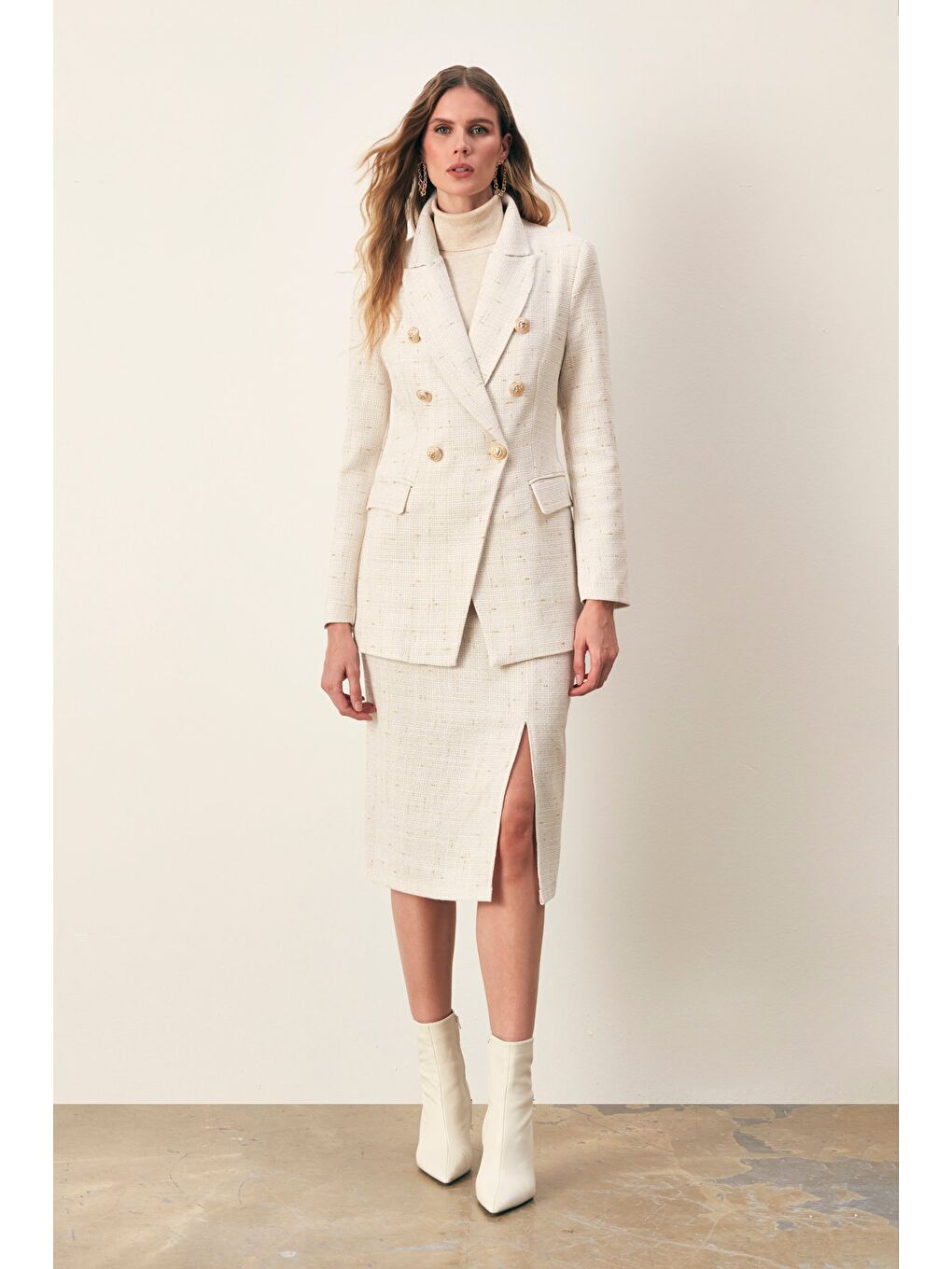 Simli Midi Boy Tüvit Etek - Ekru-1