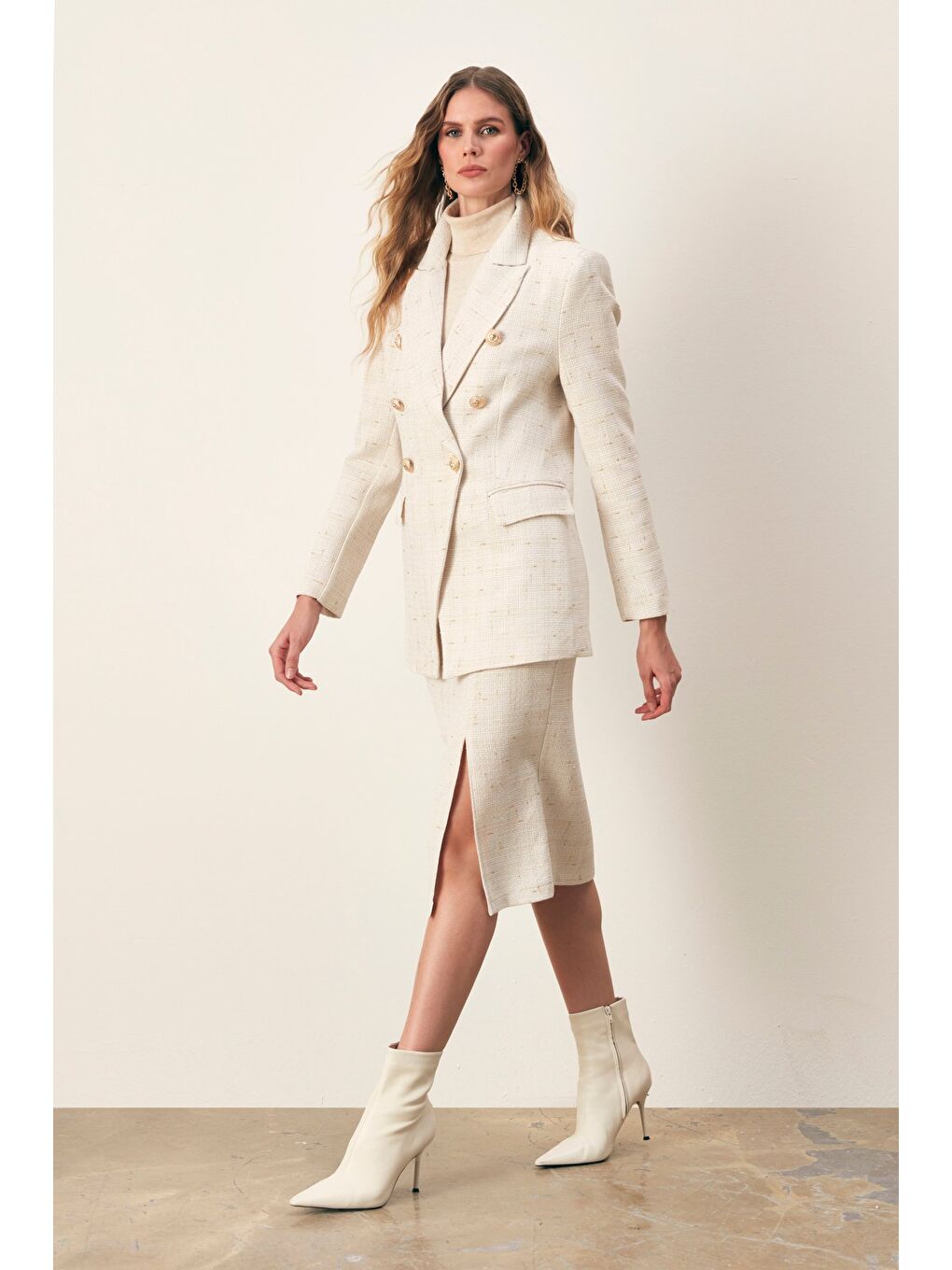 Simli Midi Boy Tüvit Etek - Ekru-2