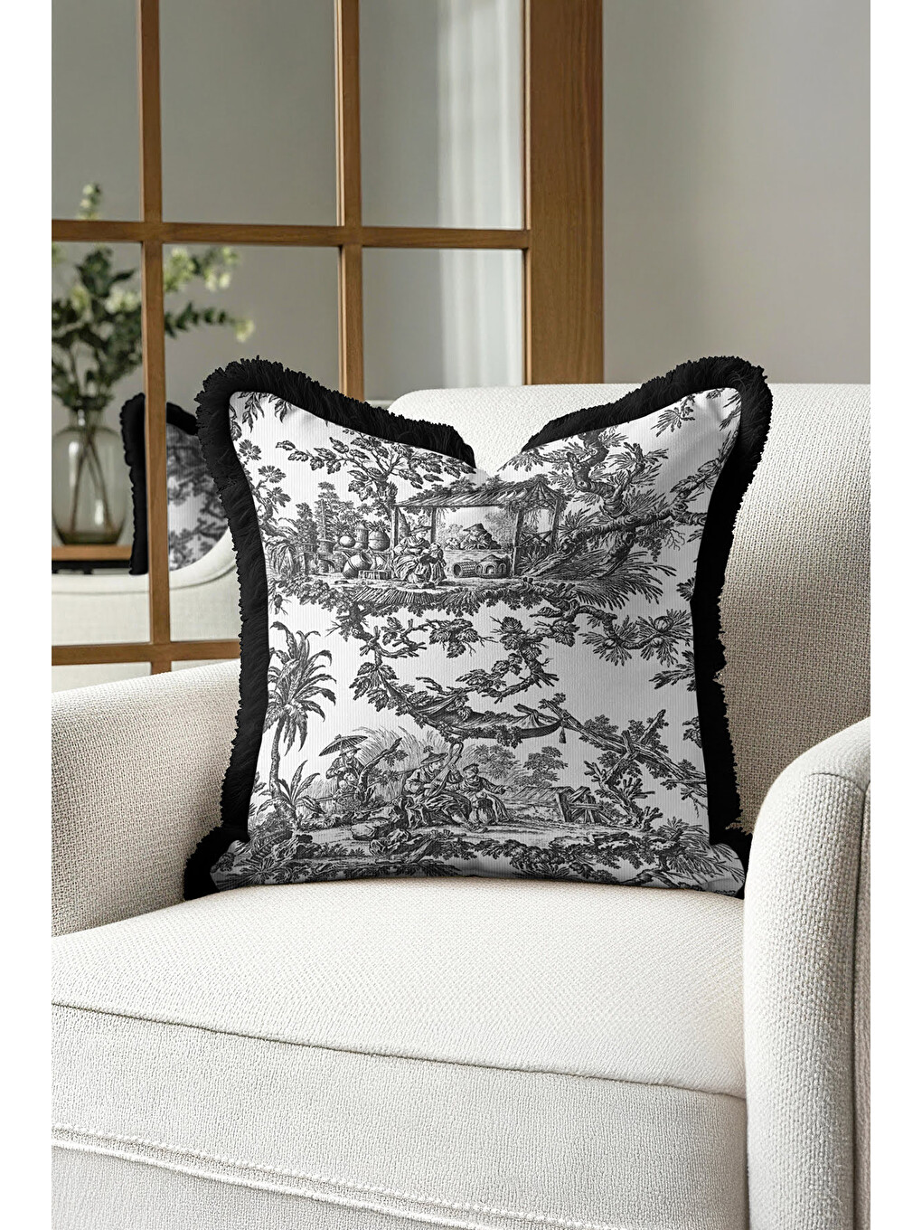 Karışık Toile Illustration Saçaklı Yastık Kılıfı - Fransız Vintage Country Siyah Püsküllü Kırlent Kılıfı-2