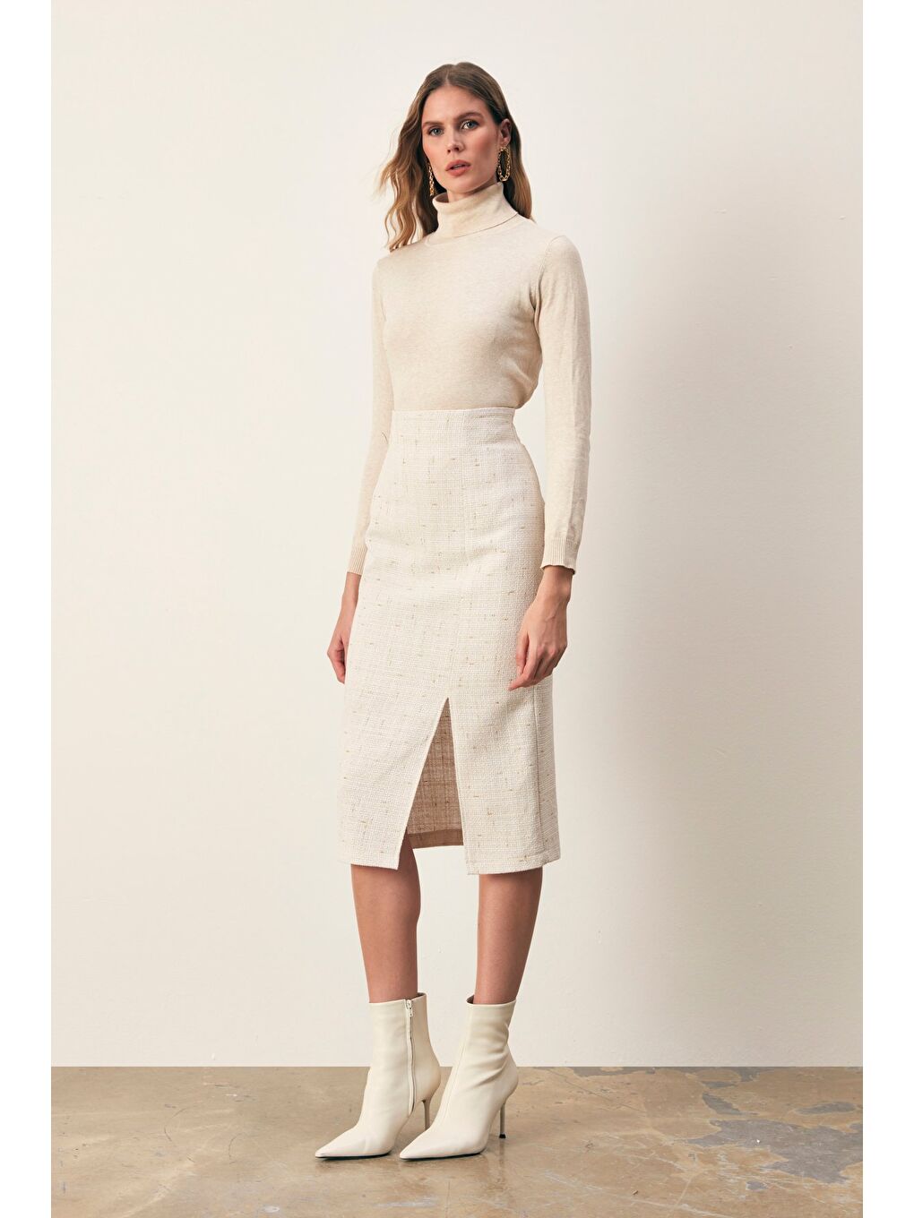 Simli Midi Boy Tüvit Etek - Ekru-3