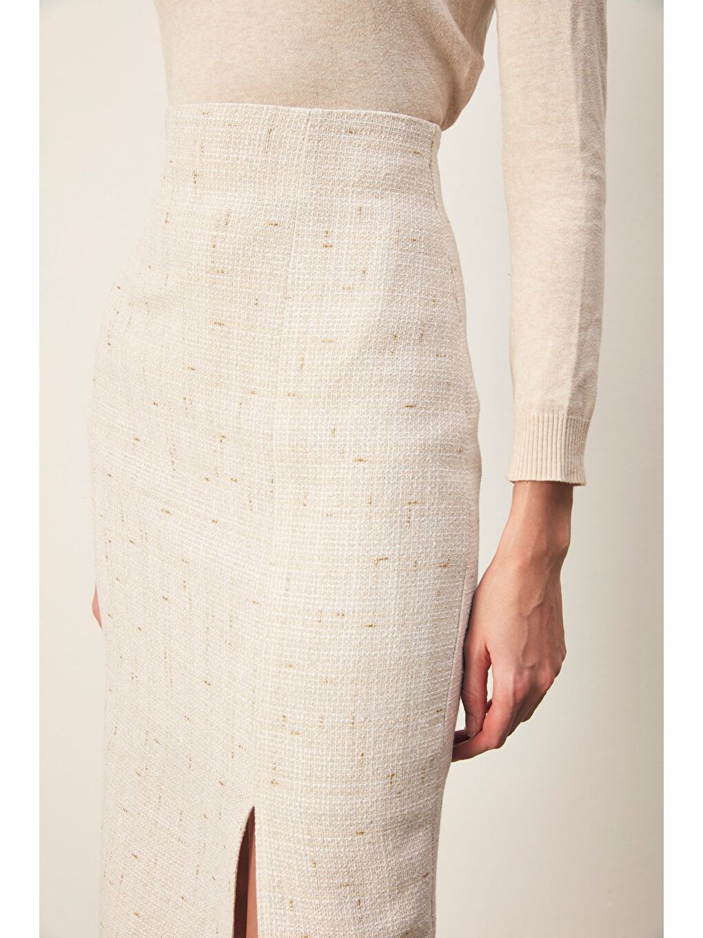 Simli Midi Boy Tüvit Etek - Ekru-4