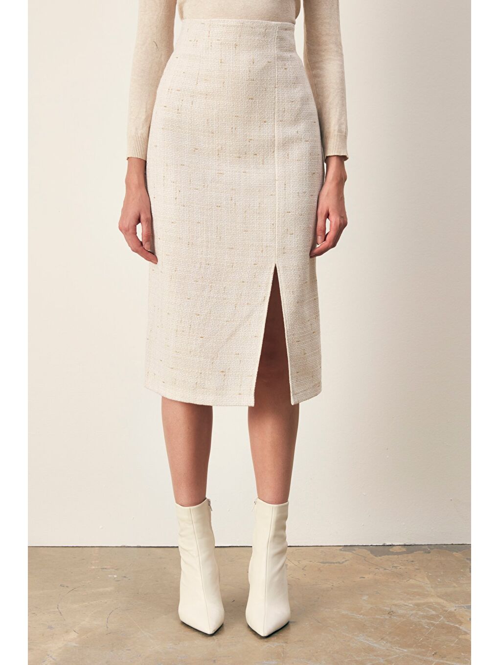 Simli Midi Boy Tüvit Etek - Ekru-5