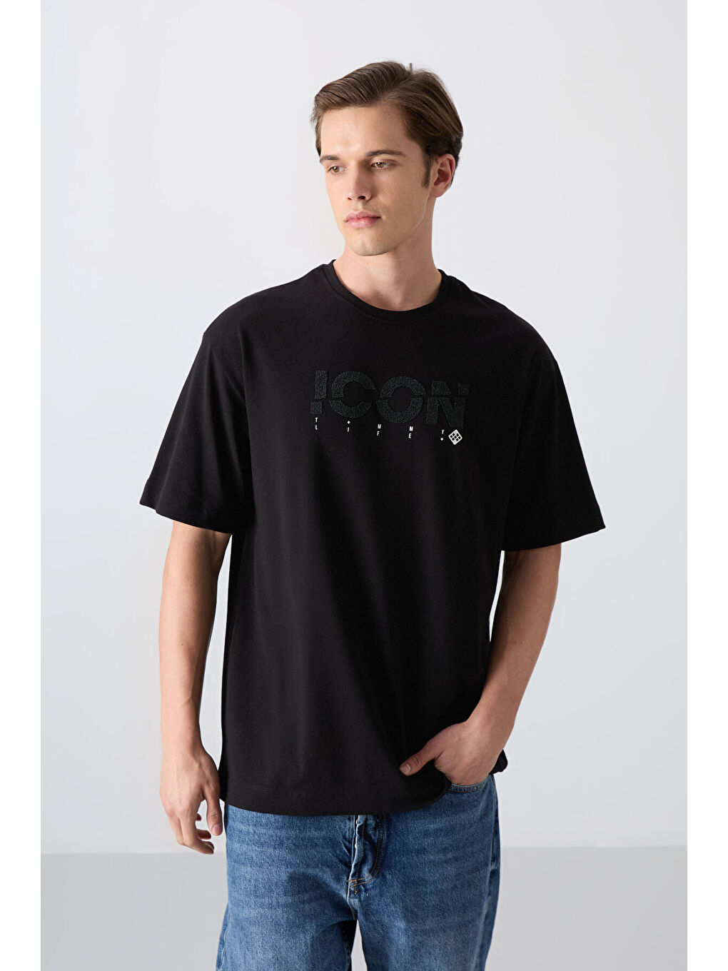 Siyah Pamuklu Kalın Yumuşak Dokulu Oversize Fit Baskılı Erkek Tişört - 88331