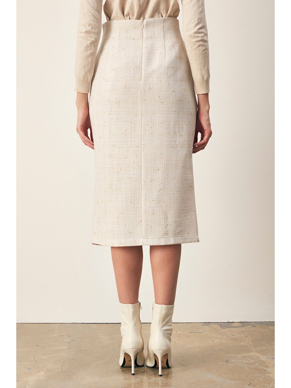 Simli Midi Boy Tüvit Etek - Ekru-6