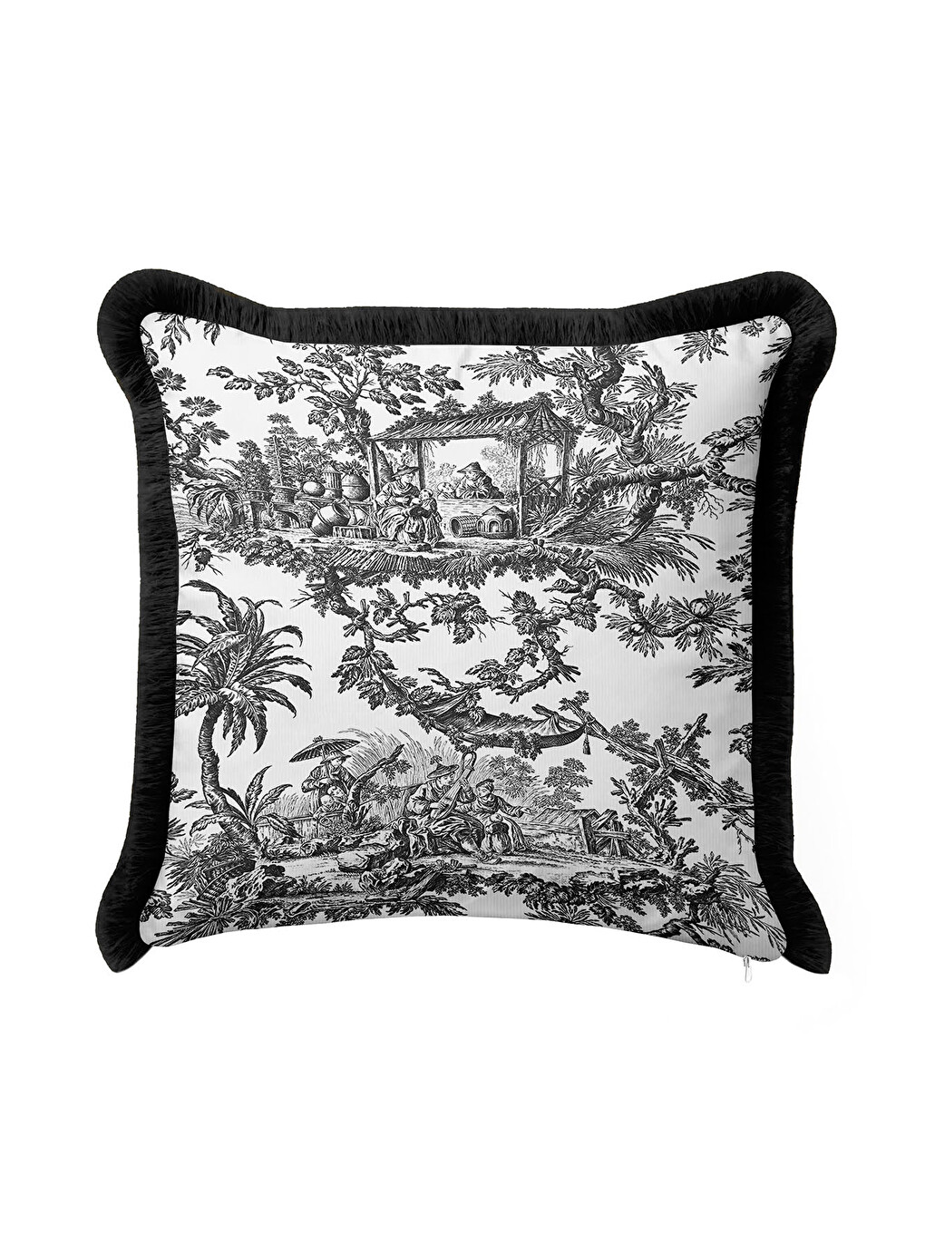 Karışık Toile Illustration Saçaklı Yastık Kılıfı - Fransız Vintage Country Siyah Püsküllü Kırlent Kılıfı-3